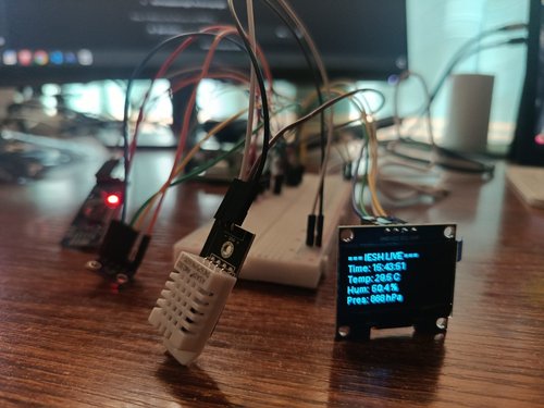 24 May — First live readings. A DHT22 and a BMP280 driving an OLED: “IESH LIVE — 29.5 °C, 50.4 %, 888 hPa.”