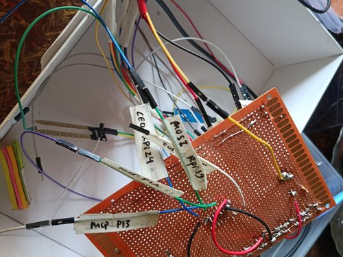 7 June — Off the breadboard, onto soldered perfboard. An MCP3208 ADC wired for the soil and gas channels, each line hand-labelled (MCP-P3, AOUT…).