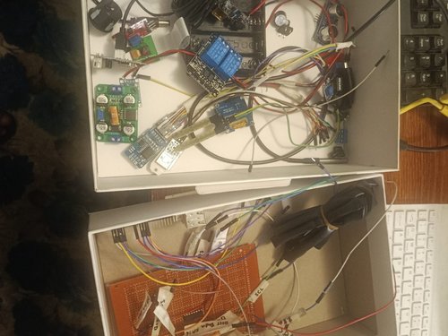 7 June — Components laid out in trays: relay, buzzer, gas sensor and power board above; the soldered sensor board below.