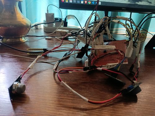 9 June — The full sensor harness: air (DHT22, BMP280), soil (DS18B20 + capacitive moisture), and the MQ-7 / MQ-135 gas proxies, all wired to the ADC.