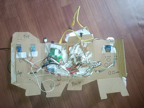 15 June — The enclosure laid out in cardboard first: sensor zones marked by hand — Top, Agri, Base — with the breakouts taped in place.